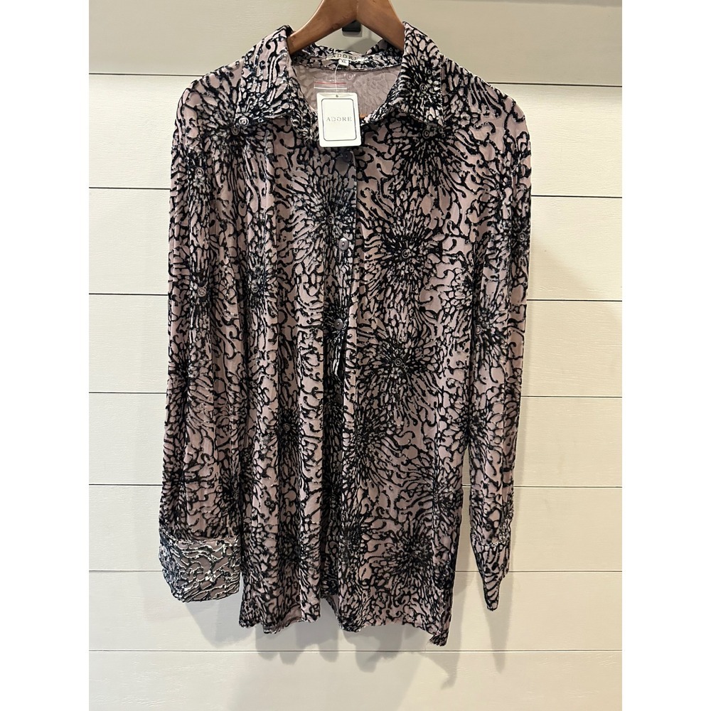 Adore Womens XL Mauve Black Velvet Burnout Floral Mesh Button Down Blouse NWT